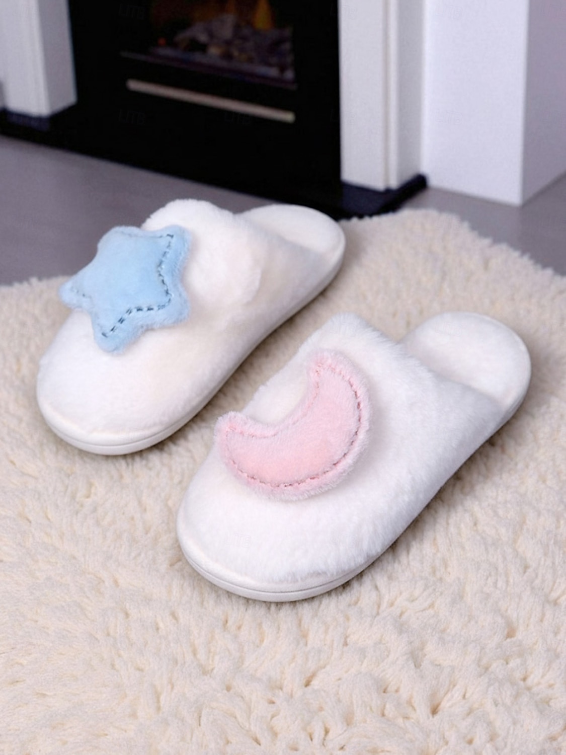 Women's White Plush Indoor Slippers with Star and MoonDecoration, Soft Warm Fleece Lining, Cute Cozy House Shoes for Winter Bedroom & Home Wear 2026 - $19.99 –P1