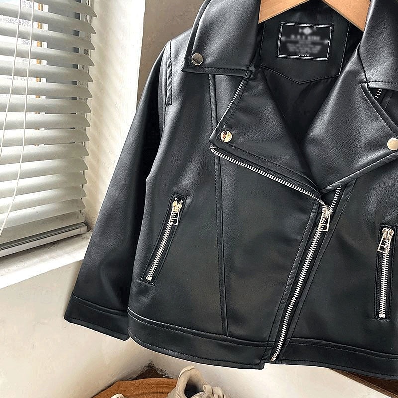 Infantil Para Meninas Jaqueta de couro preta Jaqueta Côr Sólida Moda Zíper Bolsos Ao ar livre Casaco agasalhos 4-12 anos Outono Preto de 2025 por $30.99 –P4