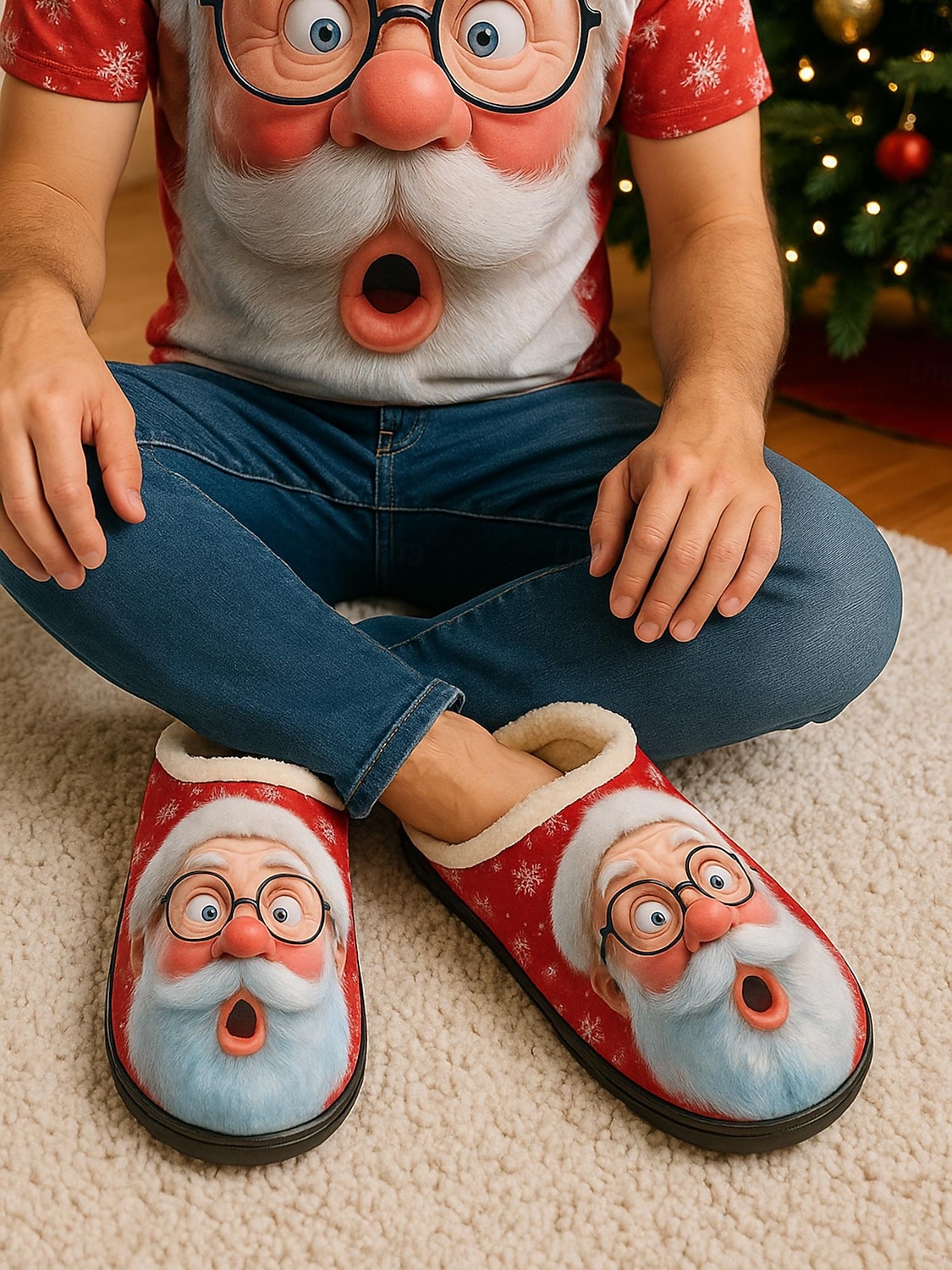 Herren-Fleece-Hausschuhe mit Weihnachtsmann-Aufdruck, lustige Hausschuhe mit Weihnachts-Cartoon, warme Plüsch-Hausschuhe, perfekt für den Winterurlaub und zum Verschenken 2026 - $26.99 –P1