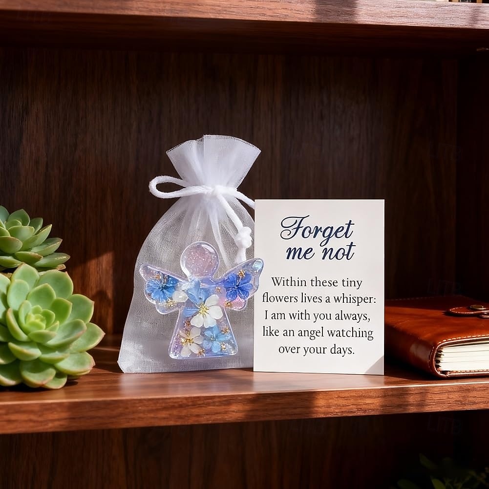 מזכרת מלאך פרחים מיובשים "אל תשכח אותי", מתנה של מלאך "אל תשכח אותי" עם שקית אורגנזה וכרטיס תנחומים, מתאים לקישוט יפהפה לחלונות, עצי חג המולד, קישוט תלייה לזיכרון 2026 - $10.99 –P2
