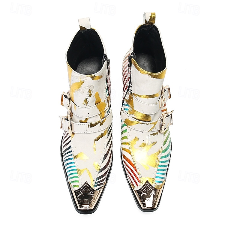 Miesten valkoiset abstraktin raidalliset nahkaiset cowboy-saappaat vetoketjulla ja metallisella kärjellä, 100% naudannahasta valmistetut taiteelliset nilkkurit lavalle ja tapahtumiin 2025 - $139.99 –P4