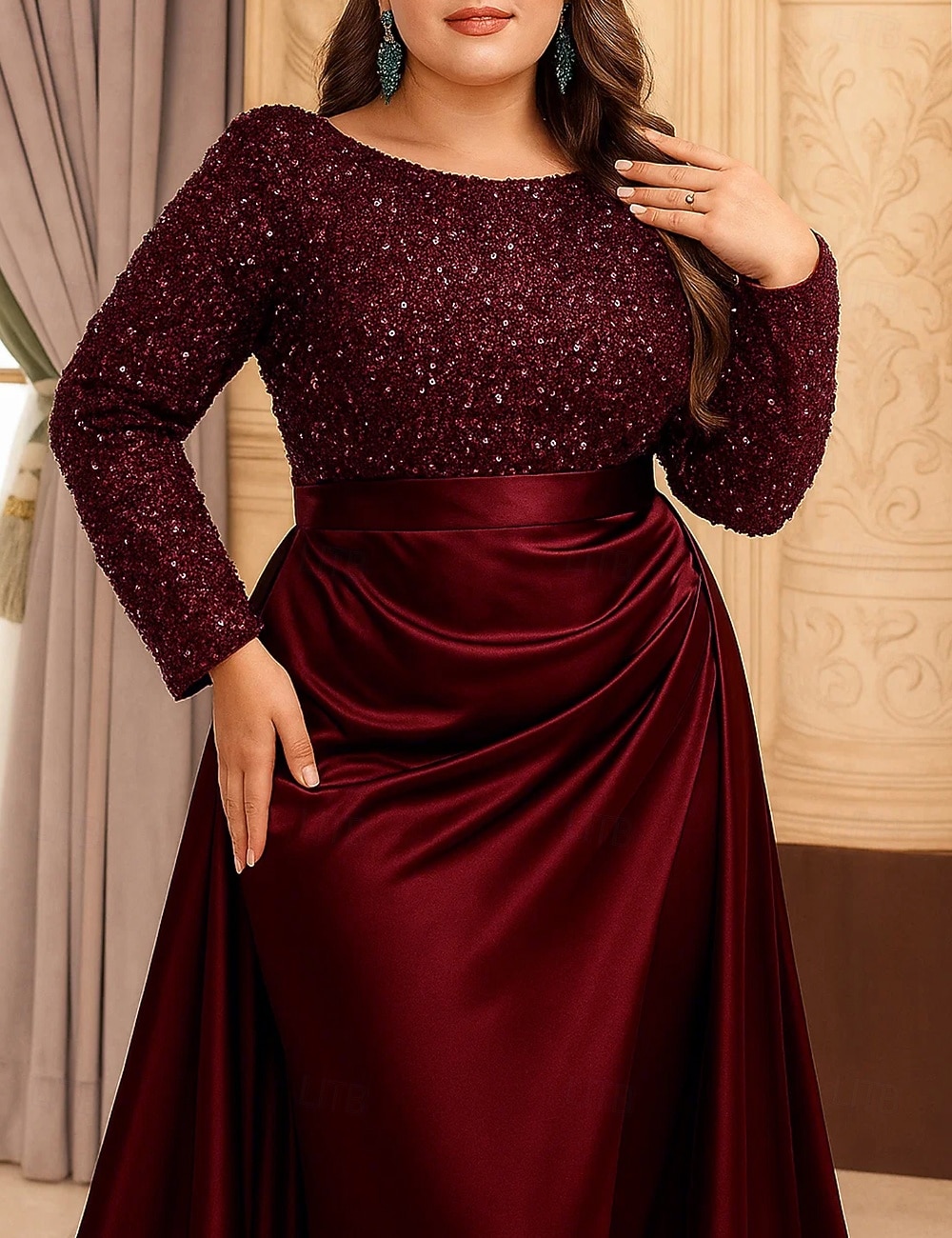 Abito a-line lungo fino al pavimento abito da sposa abiti formali abito da sera abito madre della sposa maniche lunghe scollo tondo elegante vintage festa satinato con pieghe paillettes spacco del 2026 a $149.99 –P3