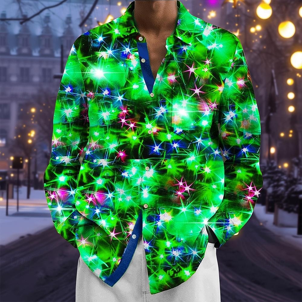Weihnachten Herren Funkelnder Glitzer Weihnachtslicht Hemd Knopfhemd Langarm Modisch lässig Ferien Frühling Herbst Umlegekragen 3D-Druck Eine Tasche vorne Leinenähnliches Hemd Orange Grün Rosenrot 2025 - $26.99 –P3