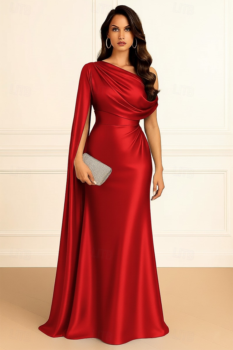 elegant prom dresses with capes Elegant Ruched Satin Mermaid Prom Dress with Flowing Cape main image 1