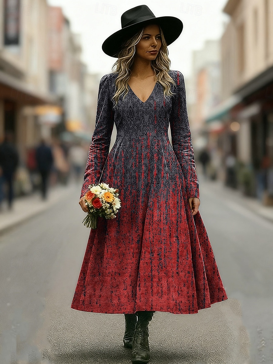 Per donna Abito Midi Abito a trapezio Vacanza Casual Quotidiano Vestibilità regolare Grafico Astratto Manica Lunga Scollo a V Blu Rosso Viola Verde Autunno Inverno del 2026 a $37.99 –P1