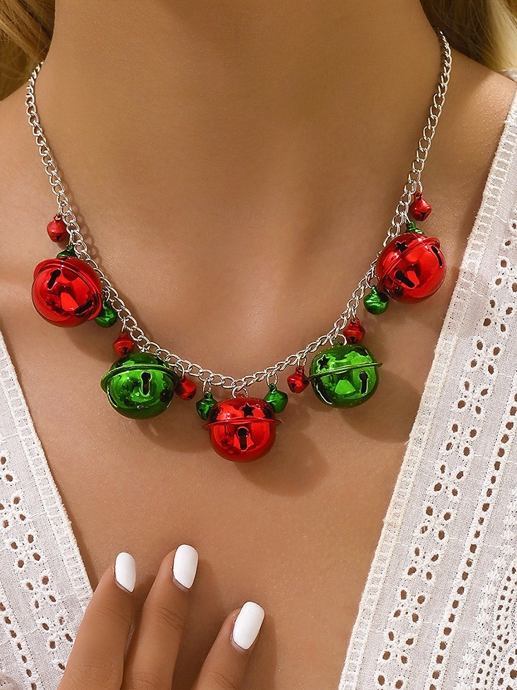 damski świąteczny naszyjnik ze stopu z czerwonymi i zielonymi dzwoneczkami, ozdobą w kształcie płatka śniegu, idealny do świątecznej mody i jako prezent 2026 - $11.99 –P4
