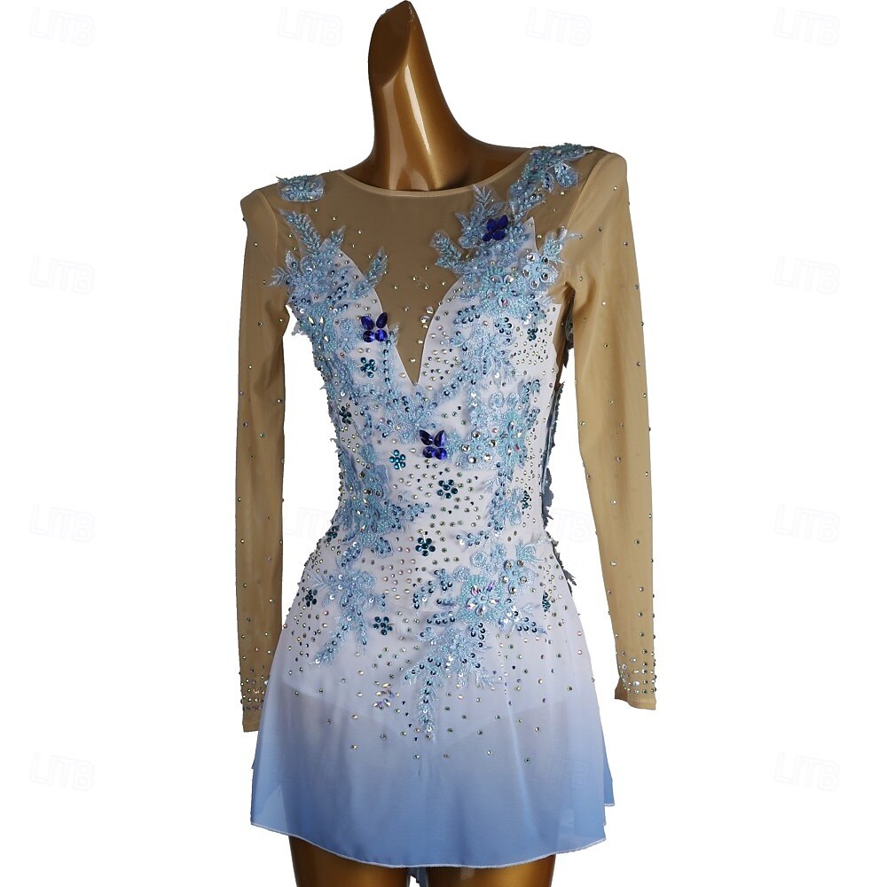 Rochie de Patinaj Artistic Pentru femei Fete Πατινάζ στο πάγο Rochii Albastru celest + alb Peteci Deschide Înapoi Plasă Înaltă Elasticitate Antrenament Competiție Ținută Patinaj Clasic Cristale 2026 - $359.89 –P1