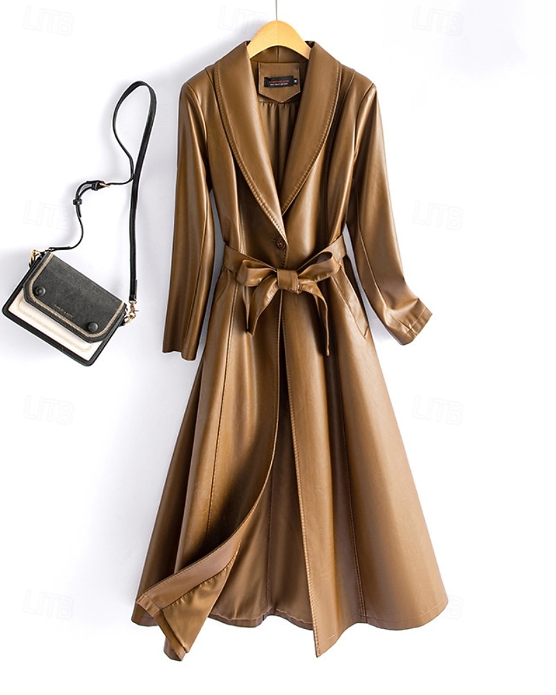 Dam Imitationsläderjacka Trenchcoat Håller värmen Bekväm knyt fram Ficka Knappar Mode Slät Semester Gata Utekväll Helgen Lång Nedvikt Normal Långärmad Ytterkläder Svart Vin Rubinrött Höst Vinter 2025 - $109.99 –P9
