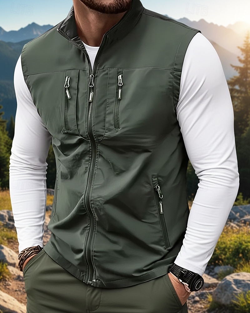 Miesten Liivi Gilet Kalastusliivi ulko- Päivittäin Muoti Vapaa-aika Kevät Syksy Vetoketju Tasku Polyesteri Mukava Tavallinen Yksirivinen yksi nappi Stand-kaula-aukko Normaali Musta Viini Armeijan 2025 - $32.99 –P5