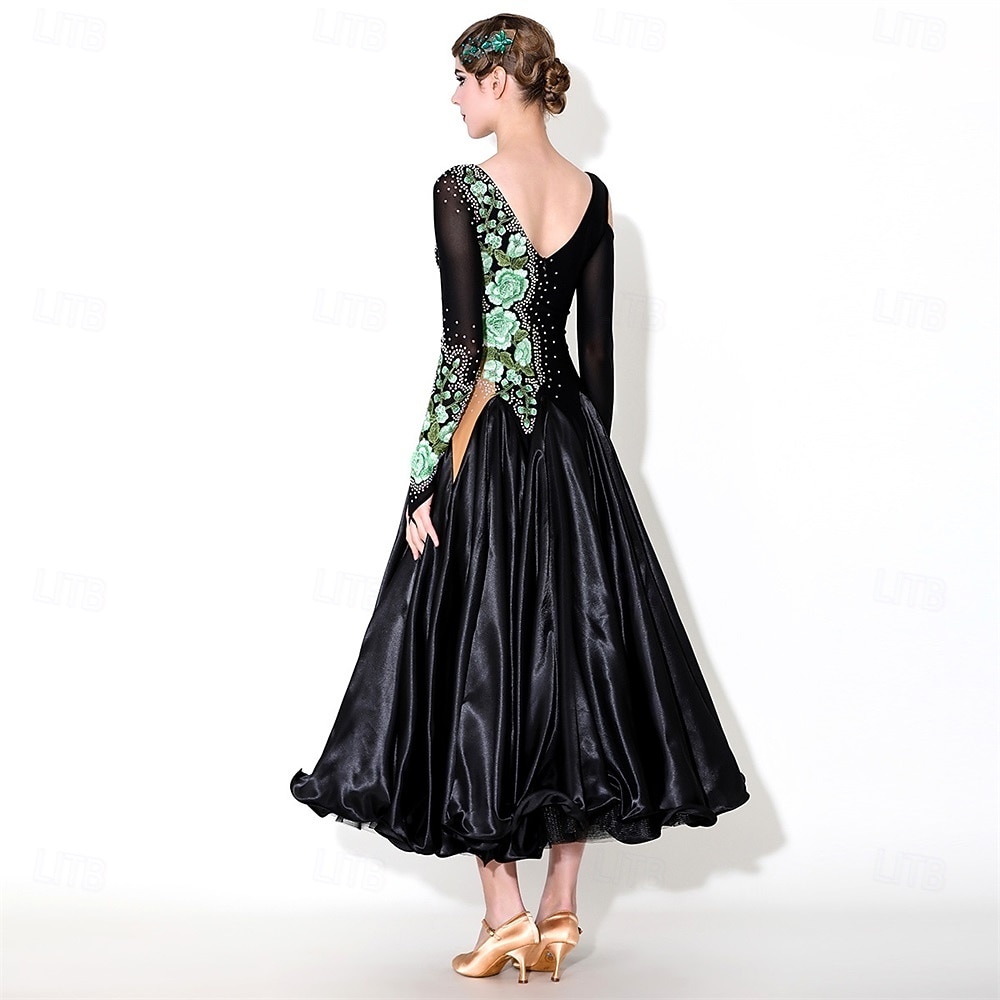 Γυναικείο φόρεμα χορού ασύμμετρο με φλοράλ κεντημένο σατέν μακρυμάνικο, κομψό φόρεμα βαλς, τάνγκο, φοξτροτ, διαγωνισμού – μαύρο &πράσινο 2026 - $241.99 –P5