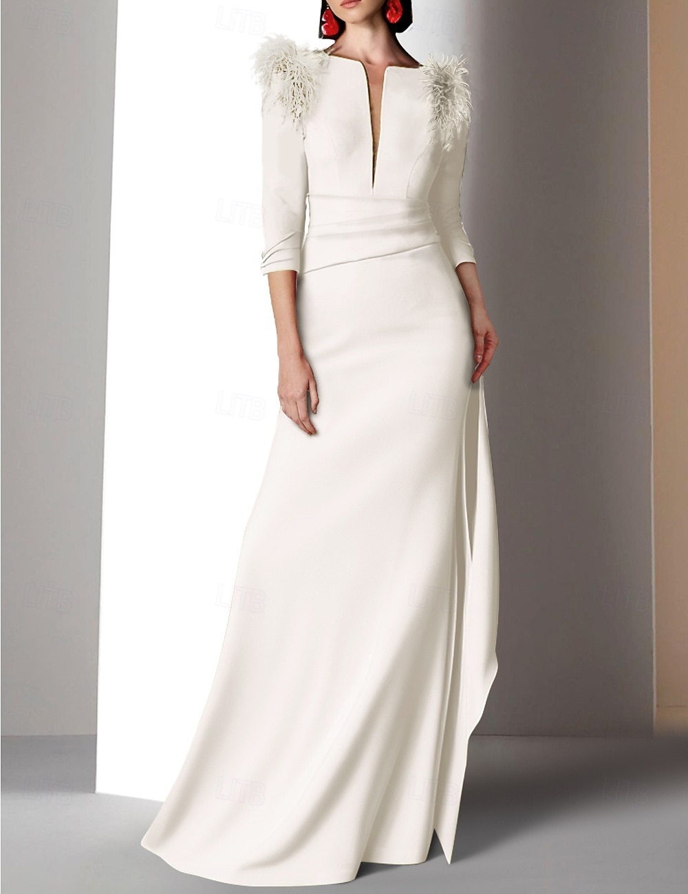 Sirena Tromba Lunghezza al pavimento Abiti da Ballo Abito da Sera Da principessa Abito formale Elegante Manica 3/4 Scollo a V Formale Autunno Raso con Piuma Arricciato Volant del 2026 a $206.99 –P13