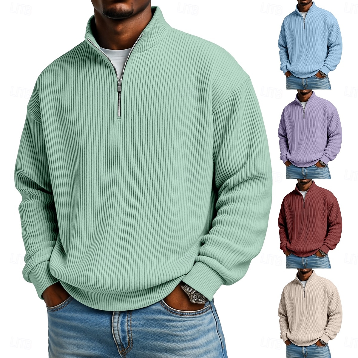 Men's Corduroy Shirt Textured Casual Vacation Quarter Zip Long Sleeve Fashion Basic Solid Color Zipper Fall Spring &  Fall Fall & Winter Relaxed Fit Black Wine Dark Green khaki Dark Blue Light Green 2026 - $14.49 –P1