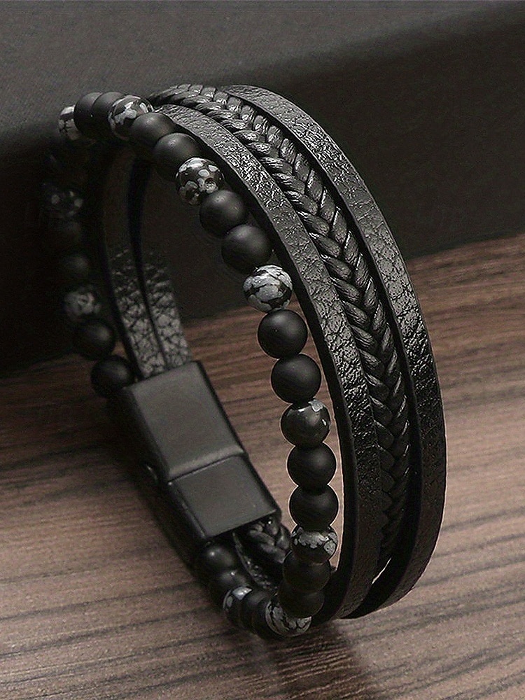 Men's Alloy Faux Leather Beaded Bracelet Set, Multi-Layer Braided Wristband with Magnetic Clasp, Fashion Punk Jewelry for Casual, Party & Gift 2025 - $11.99 –P10