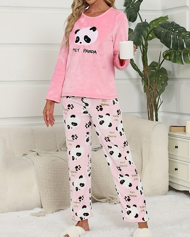 Women's Pajamas Loungewear Pajama Set Flannel Warm Fashion Panda Elastic Waist Pant Home Daily Long Sleeve Crew Neck White Pink Light Blue Fall Winter Loose Fit 2025 - $14.99 –P7