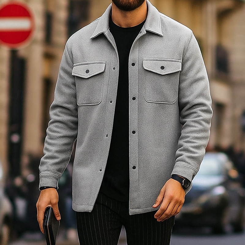 Муж. Рубашка Фланелевая рубашка Кнопка рубашка Верхняя рубашка Серый Длинный рукав Полотняное плетение Лацкан Повседневные На выход Карман Одежда Мода Уличный стиль 2026 - $26.99 –P1