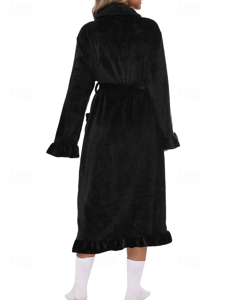 Women's Pajamas Robe Flannel Warm Fashion Pure Color Ruffle Pocket Home Daily Bed Long Sleeve Crew Neck Black White Pink Red Purple Fall Winter Regular Fit 2026 - E£3015.43 –P20