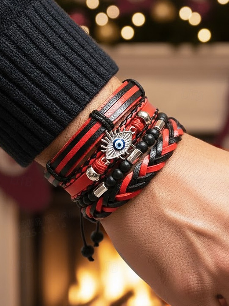 Pánská sada náramků z umělé kůže, červeno-černé tkané náramky s detaily zlého oka a korálků, stylové na Vánoce, různé vzory 2026 - $7.99 –P2