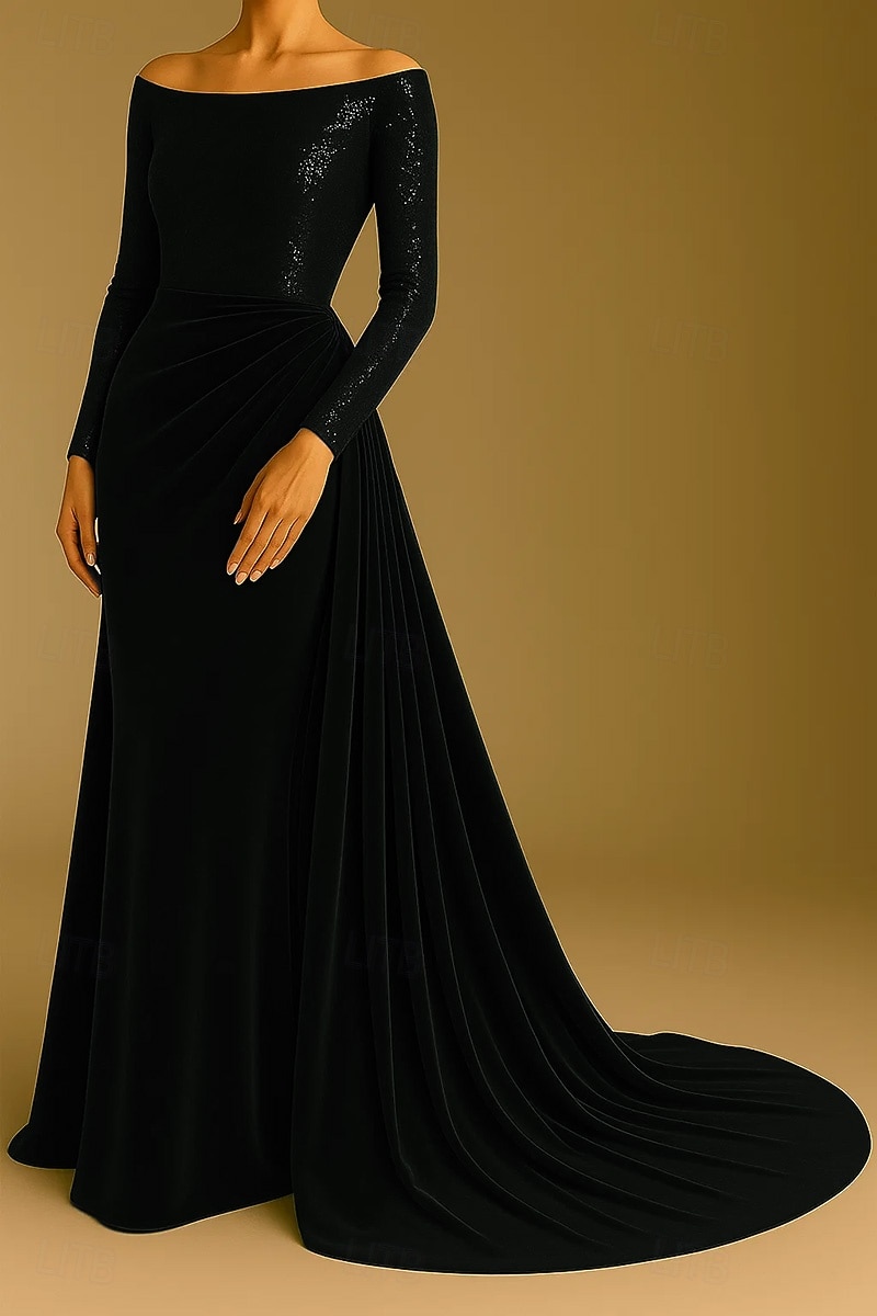 A-Line Sweep / Brush Train Evening Gown Ball Gown with Overskirt Formal Dress Elegant Glittering Celebrity Style Long Sleeve Off Shoulder Formal Wedding Sequined Velvet with Pleats Ruched 2025 - $154.99 –P5
