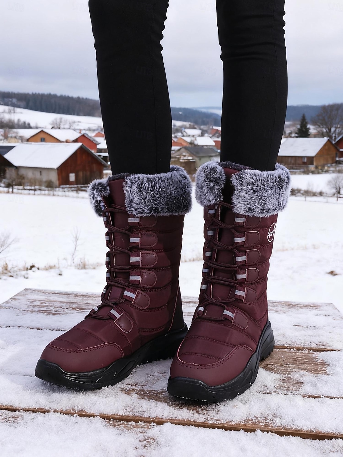 stivali da neve invernali da donna a metà polpaccio color bordeaux con finiture in pelliccia sintetica, stivali da esterno impermeabili e isolanti per escursionismo e sci &tempo freddo del 2026 a $46.99 –P3