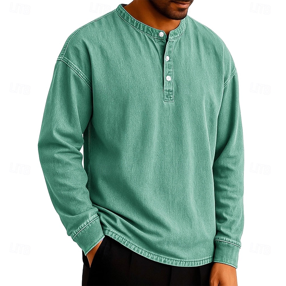 SoftFade™ Pánské tričko Henley T-shirt Tee dlouhý rukáv jednobarevné vintage retro ležérní styl obarvené vybledlé Henley ležérní jaro podzim černá šedá světle modrá Henley T-Shirt 2026 - $29.99 –P5
