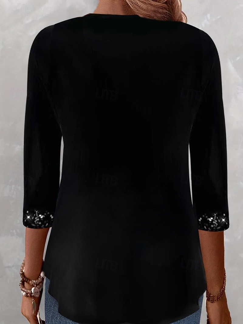 Kerstmis Vrouwen Blouse Effen Kleur Elegant Stijlvol Basis Lange Mouwen Vierkante Hals Standaard Tops Dagelijks Sequins Patchwork Zwart Wijn Paars Groen Lente Herfst Winter 2025 - $36.99 –P6