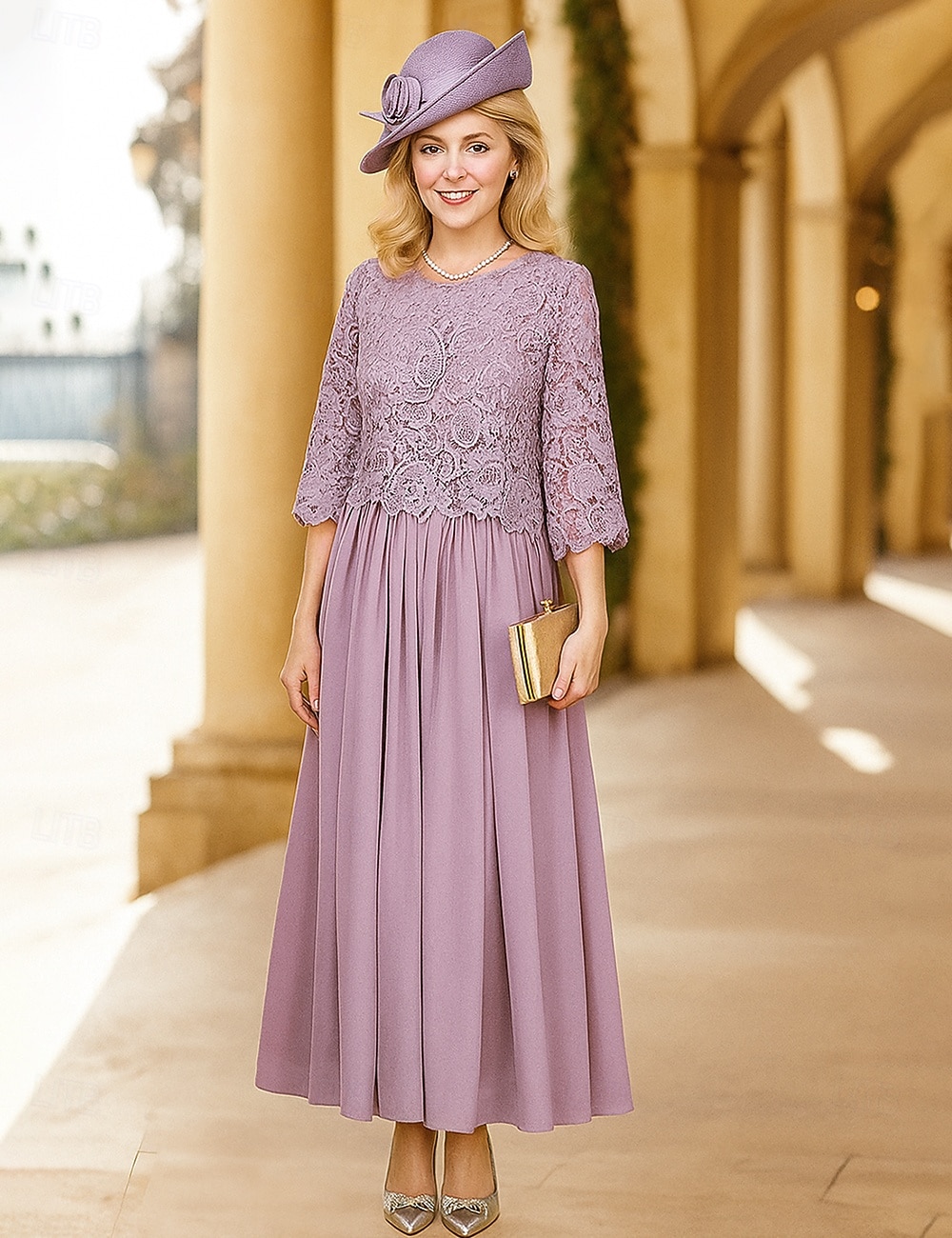 A-linje gulvlang brudgjestkjole formelle kjoler kveldsdrakt mor til bruden kjole 3/4 lengde erme rund hals elegant formell blonde med ensfarget 2026 - $91.99 –P6