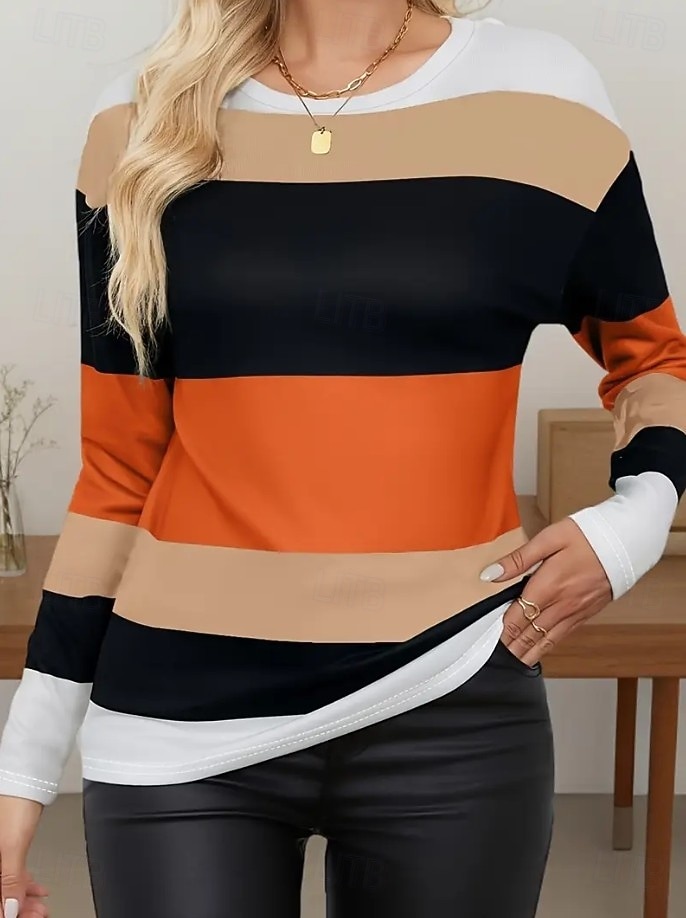 Per donna Maglietta Stampato Grafico Geometrico A righe Vintage Moda Elegante Manica Lunga Girocollo Top Regolari Quotidiano Weekend Arancione Primavera Autunno Inverno del 2026 a $24.99 –P3
