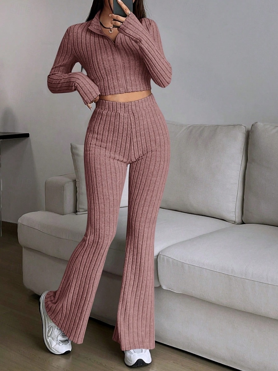 Women's Pants Sets Bolero Top Long Sleeve Shirt Collar Solid Color Zipper Fashion Streetwear Casual Daily Outdoor Black Wine Camel Spring Slim 2026 - $32.99 –P8