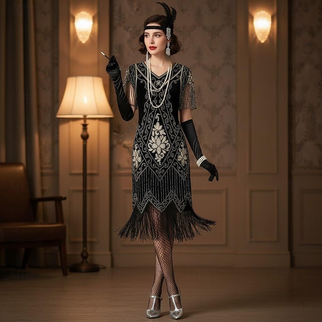 Zestaw Retro / vintage Ryczące 20s 1920 roku Do kolan Sukienka w stylu lat 20-tych Sukienka koktajlowa Wymyślny kostium z akcesoriami Krótkie rękawy Wielki Gatsby Dziewczyna podlotek Cekiny Frędzel W 2026 - $52.99 –P5