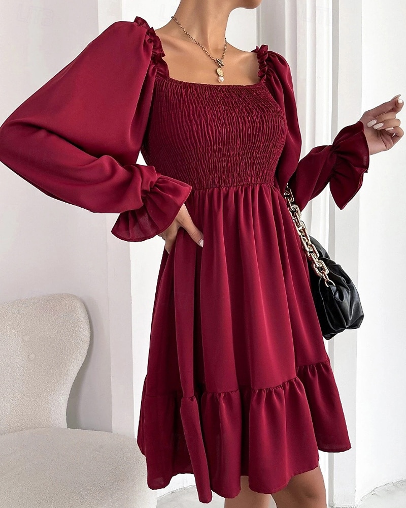 Damen Minikleid Schößchen Kleider Gerafftes Kleid Modern Outdoor Ferien Ausgehen Normale Passform Einfach Langarm Quadrathals Schwarz Wein Armeegrün Leicht Braun Frühling Herbst 2025 - $24.99 –P2