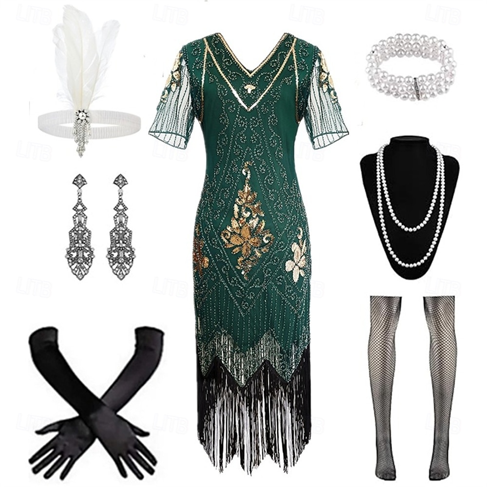Set Anni Ruggenti Anni 1920 Midi Abito Flapper Abito da cocktail Costume di fantasia con accessori Maniche corte Il grande Gatsby Ragazza Flapper Paillettes Frangia con nappe Scollo a V Costume Per del 2026 a $52.99 –P2