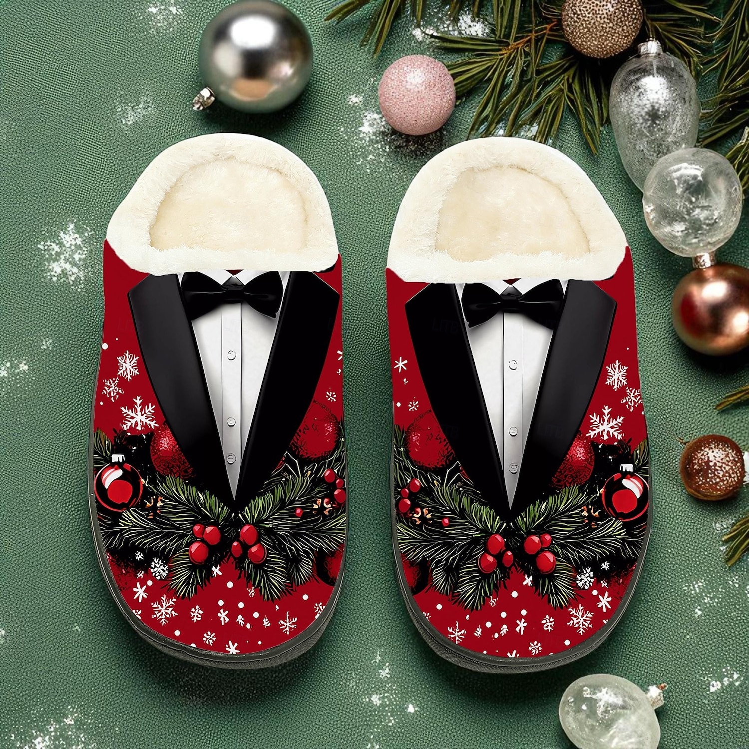 Chaussons imprimés smoking de Noël pour hommes - Design smoking classique, pantoufles doublées de peluche pour hommes, thème des fêtes pour les fêtes de Noël, détente et cadeaux de vacances de 2026 ? $24.99 –P5