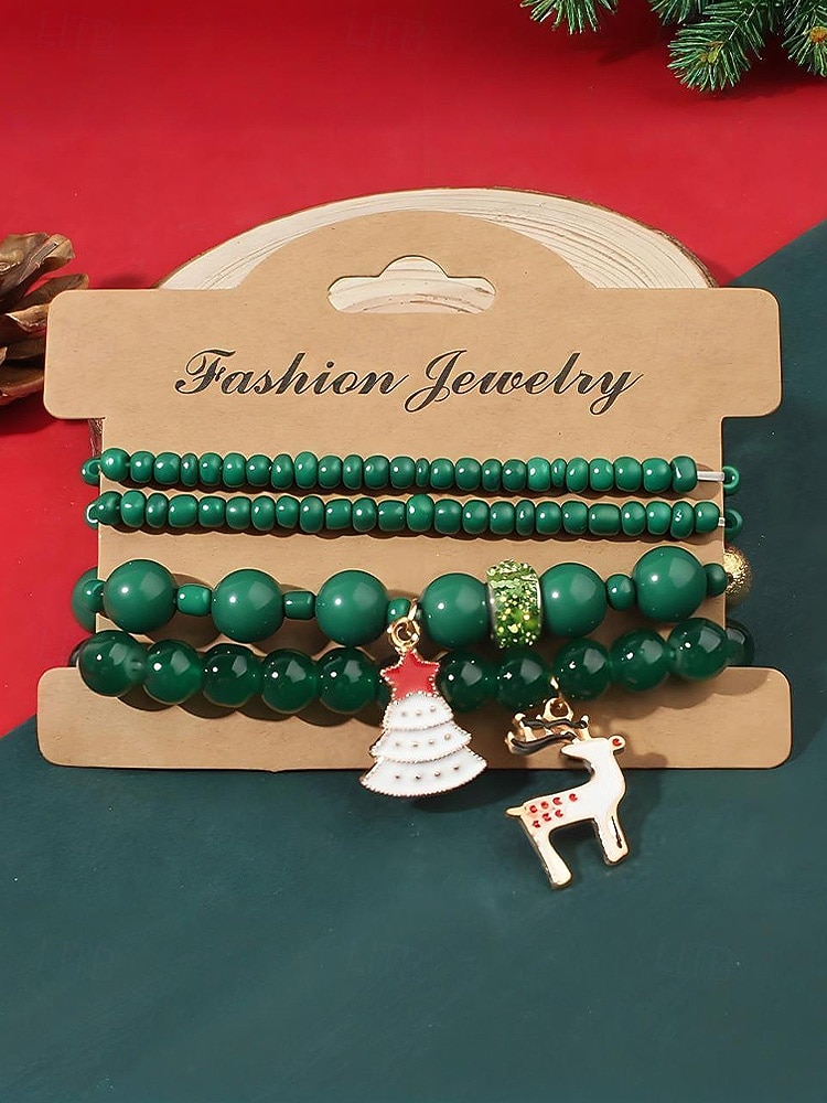 Женский рождественский браслет из бисера с подвесками в виде Санты, оленей и снеговика, красно-зеленые эластичные браслеты с жемчугом, праздничный подарок на праздник для нее 2025 - $3.99 –P10