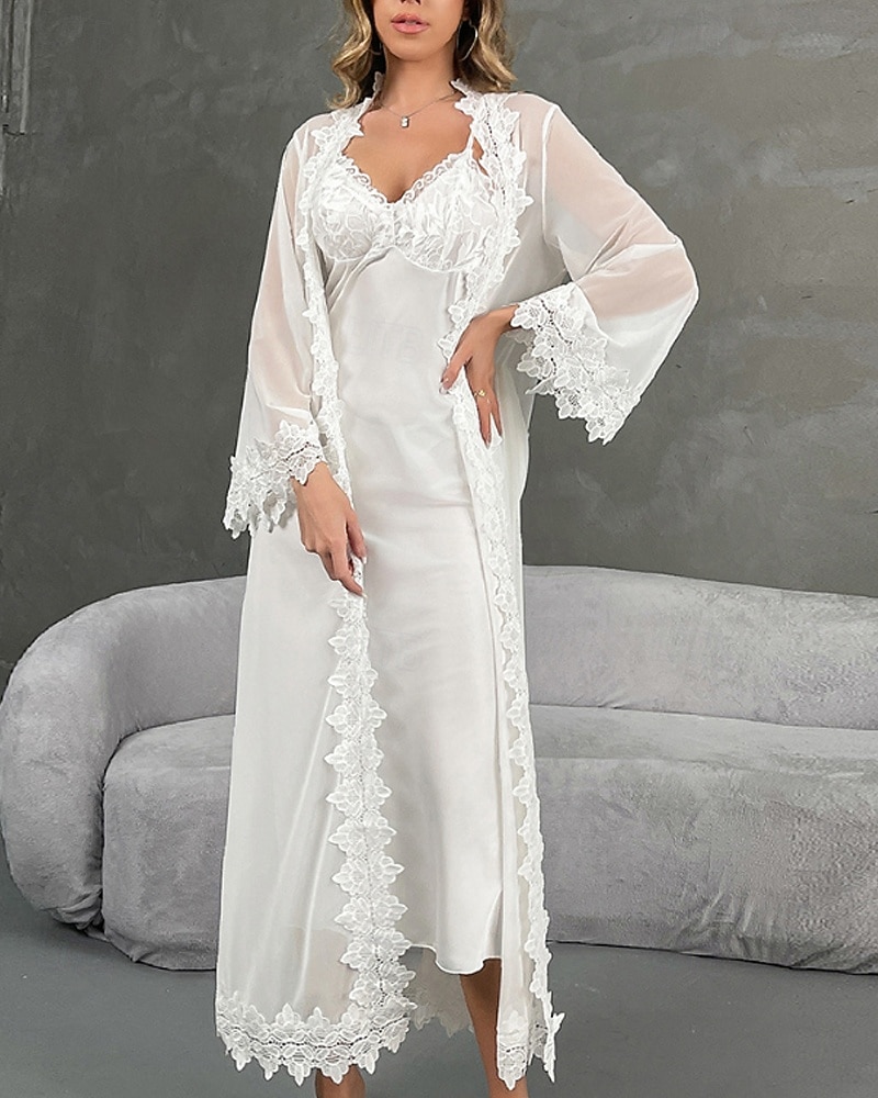 2026年 女性用 ローブ あたたか ファッション カジュアル ピュアカラー サテンシルキーパジャマ レース ドレス 家 ベッドサイド 長袖 クルーネック ホワイト 夏 春 レギュラー  コレクション – $43.99 –P2