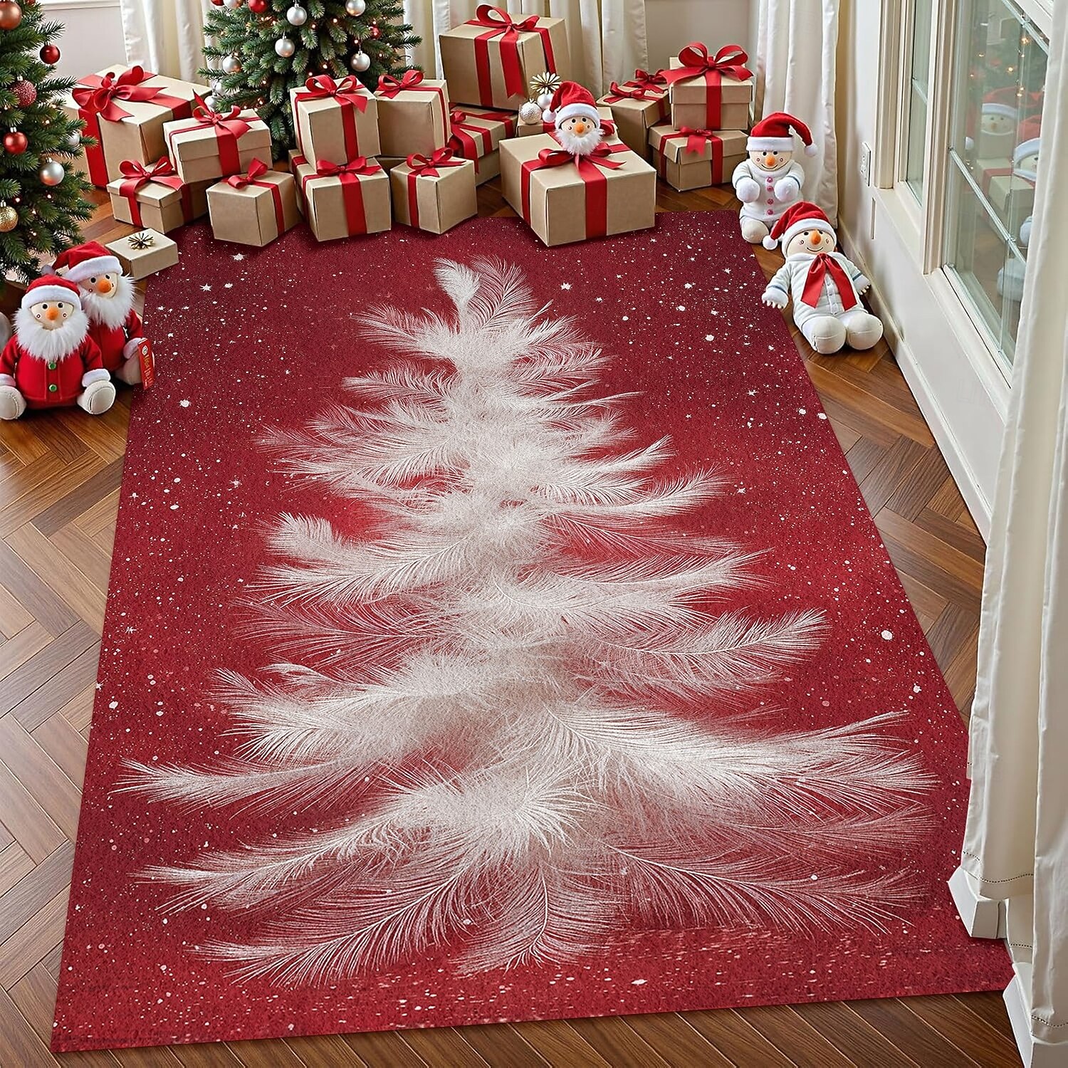 Коврик с белым рождественским деревом для гостиной и спальни элегантный белый сосновый коврик с красным фоном из искуcственного кашемира праздничное декоративное искусство мягкий нескользящий 2025 - $36.99 –P1