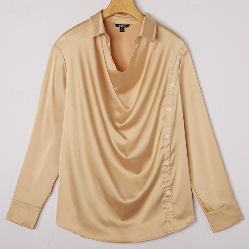 Pánské Košile Hedvábí jako Saténová košile Košile pro volný čas Bez vzoru Formální Svatební Černá Fialová Námořnická modř Zlatá Dlouhý rukáv Nabíraný krk Jaro & podzim Celý rok Oblečení Nabírané šaty 2026 - $25.99 –P7