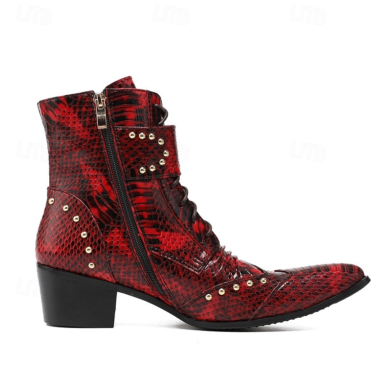 Miesten punaiset käärmekuvioiset nahkaiset nilkkurit, joissa on kaksinkertaiset solkiremmit ja niittiyksityiskohdat, 100% naudannahasta valmistetut länsimaiset saappaat konsertteihin ja esityksiin 2025 - $159.99 –P5