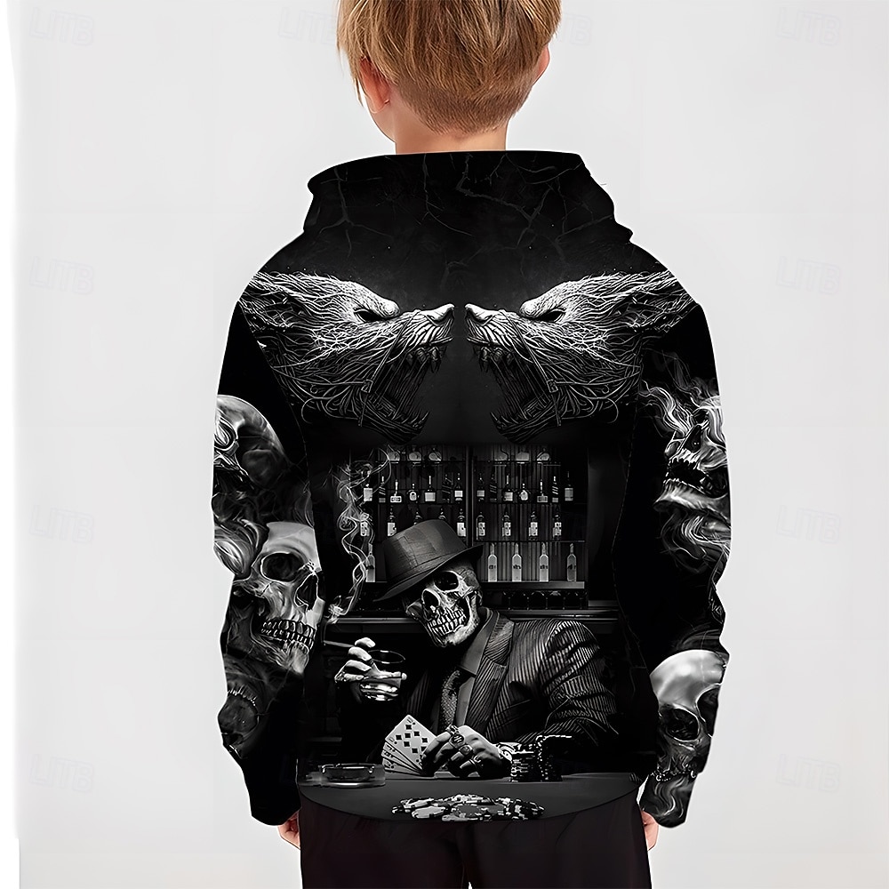 Barn Gutt Halloween Hattetrøje Langermet 3D-utskrift Hodeskaller Lomme Svart Grå Fuksia Barn Topper Høst Aktiv utendørs Halloween Normal 4-12 år 2025 - $17.49 –P8