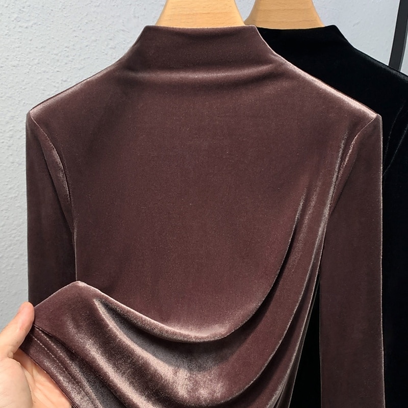 Damen Samt Elegant Bluse Einfarbig Einfach Elegant Täglich Stilvoll Langarm Stehkragen Normale Oberteile Täglich Ferien Ausgehen Schwarz Wein Purpur Braun Herbst Winter 2026 - $25.99 –P8