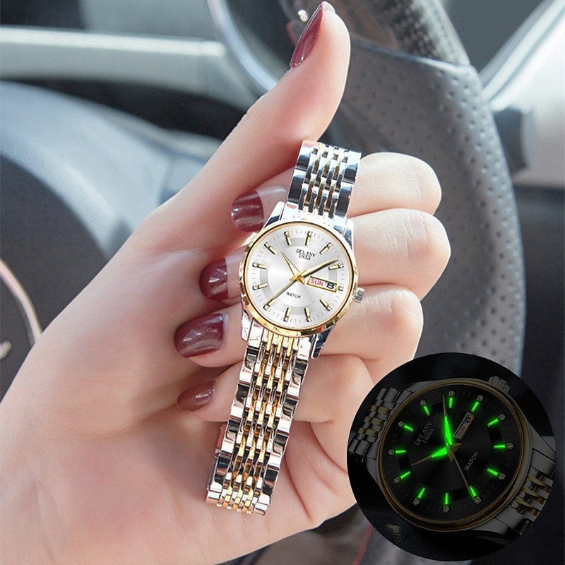 Două ceasuri noi și la modă cu cuarț pentru cupluri - carcasă din oțel inoxidabil, rezistență la apă IPX7, calendar dublu luminescent, dată și afișaj duminică/luni, curea din aliaj - cadou ideal 2025 - $24.99 –P12