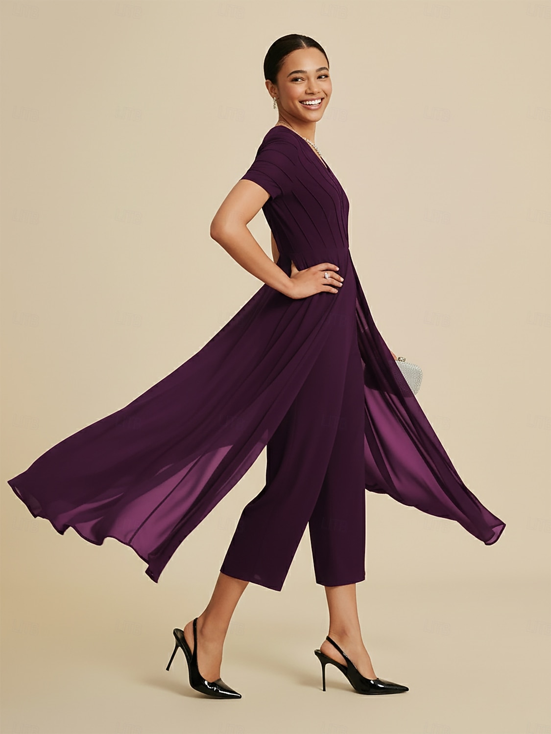 tuta da donna rosso vino con scollo a V, design a pannelli, finto due pezzi, fluido, trasparente, tessuto elasticizzato, casual, primavera estate autunno del 2025 a $114.99 –P4