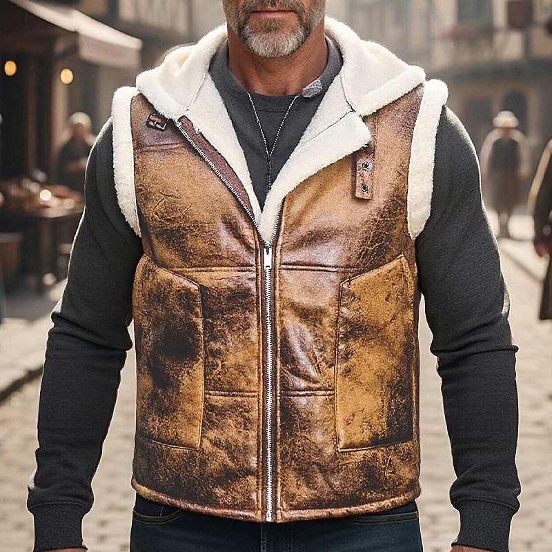 Herren Fleeceweste Weste Gilet Outdoor Täglich Mode Lässig Herbst Winter Tasche Fleece Kunstleder Polyester Warm Bequem Einfach Reisverschluss Mit Kapuze Normale Passform Schwarz Braun Weste 2025 - $52.99 –P7