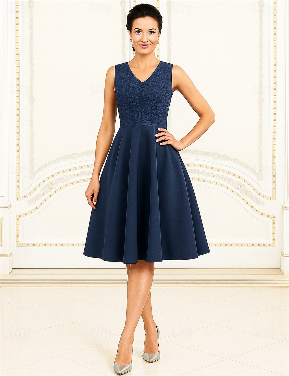 Deux Pièces Ligne A Ensembles de Robes Longueur thé Manche 3/4 Col en V Col haut Élégant ancien Formel Polyester Robe de Mère de Mariée  avec Couleur Unie de 2025 ? $69.99 –P2