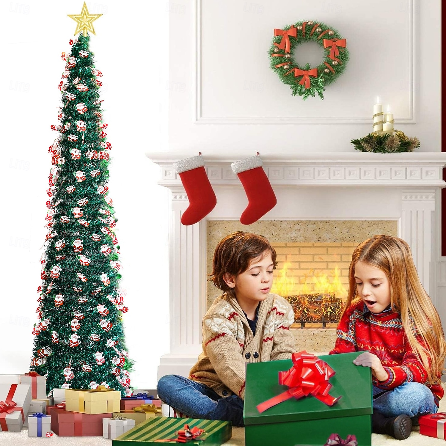 Christmas Santa Claus Pagoda Foldable Christmas Tree 5M 50Leds Warm Light String Indoor Living Room Staircase Study Apartment Holiday Decoration Prop 1.5M/5FT AAA Battery Box 2025 - CAD $37.99 –P7