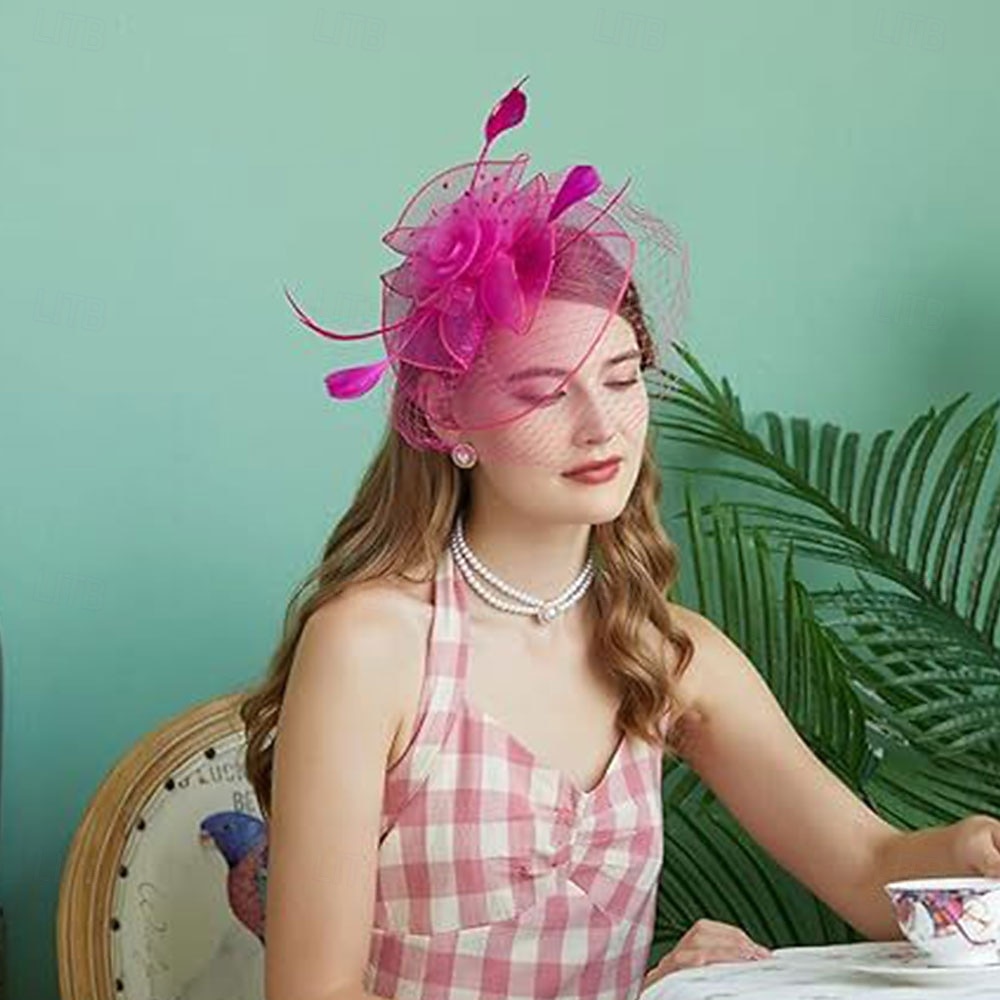 Stroik Tiul Pióro Kapelusz Fedora Ślub Herbaciane przyjęcie Wyścigi konne koktajl Elegancja Zabytkowe Z Pióro Kwiaty Winieta Nakrycia Głowy 2025 - $14.99 –P2