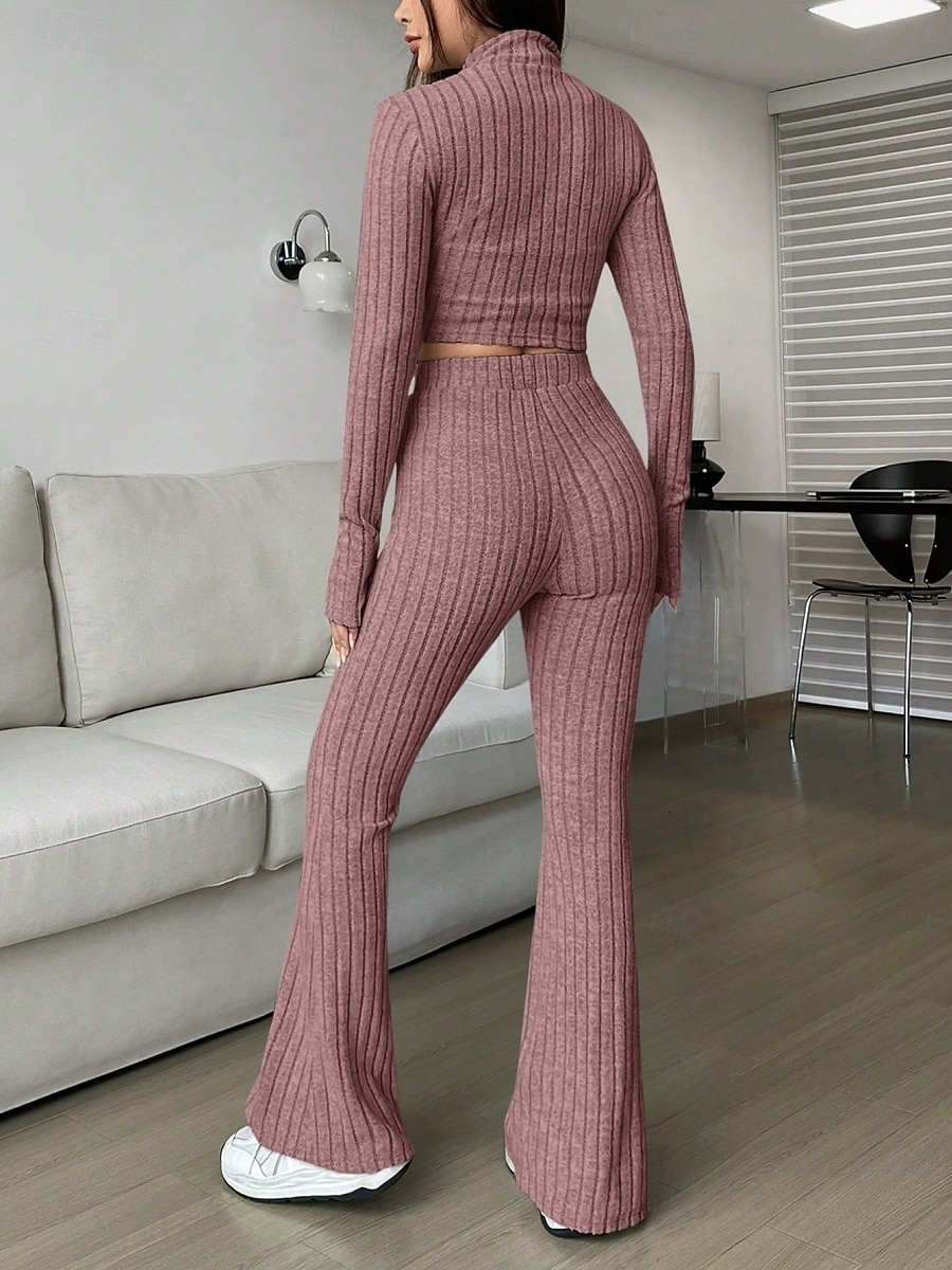 Women's Pants Sets Bolero Top Long Sleeve Shirt Collar Solid Color Zipper Fashion Streetwear Casual Daily Outdoor Black Wine Camel Spring Slim 2026 - $32.99 –P9