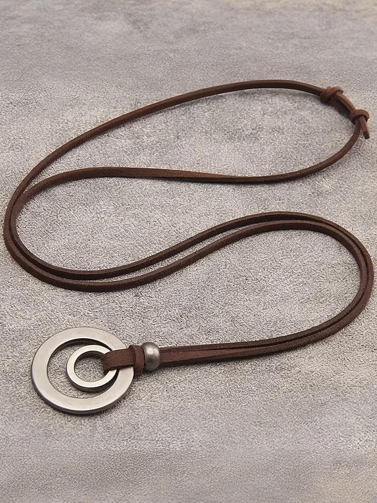 Justerbart halskjede med lærsnor for menn og dobbeltsirkelanheng – vintage, uformelt smykke for hverdagsbruk og utendørsstil 2025 - $9.99 –P6