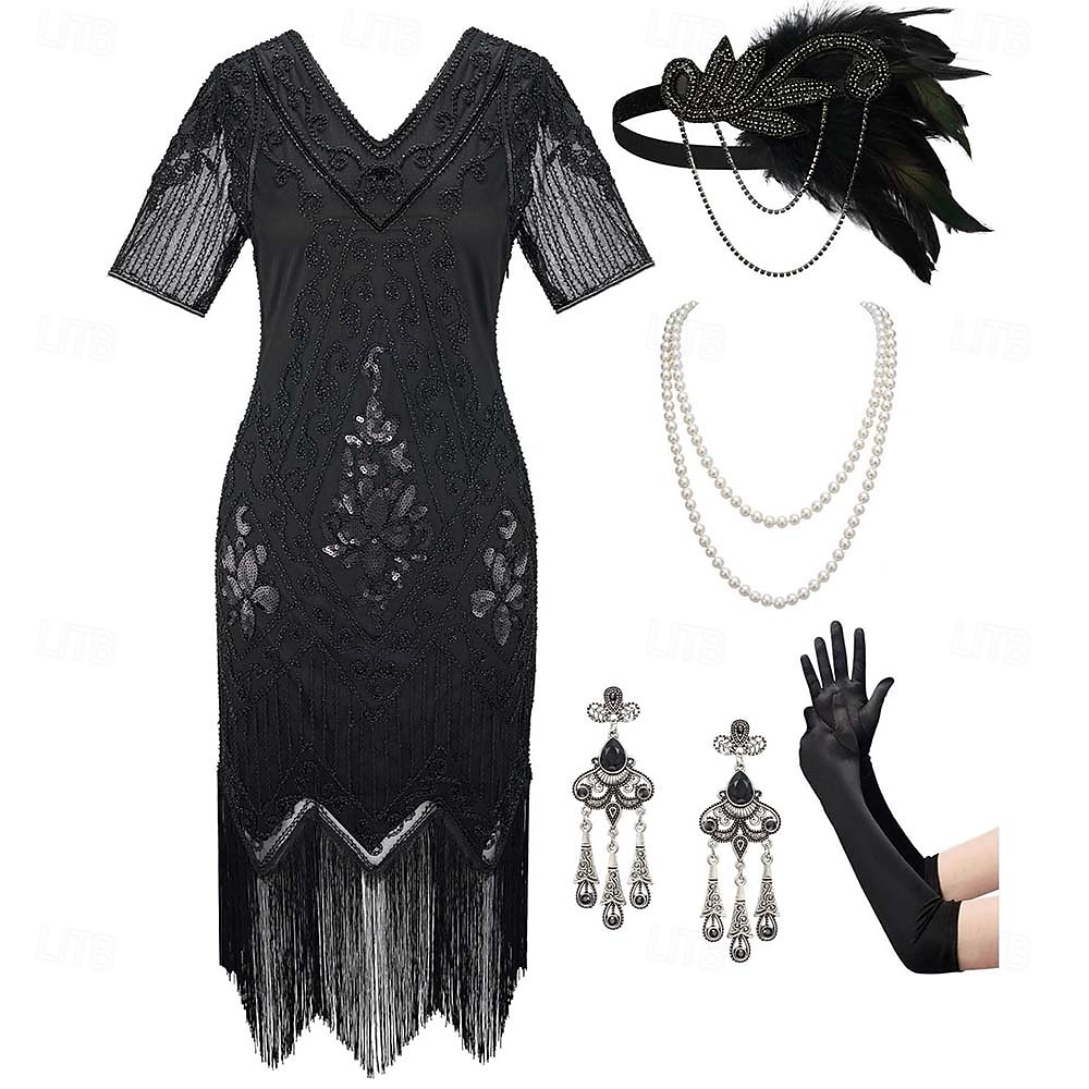 2026年 セット 20代の轟音 1920年代風 膝丈 フラップワンピース 二次会ドレス / カクテルドレス ファンシーコスチューム アクセサリー付き 半袖 グレートギャツビー フラッパーガール スパンコール タッセル Ｖネック 仮装 女性用 クリスマス 新年 パーティー スピークイージー マスカレード 成人 ドレス グローブ イヤリング  コレクション – $57.99 –P1