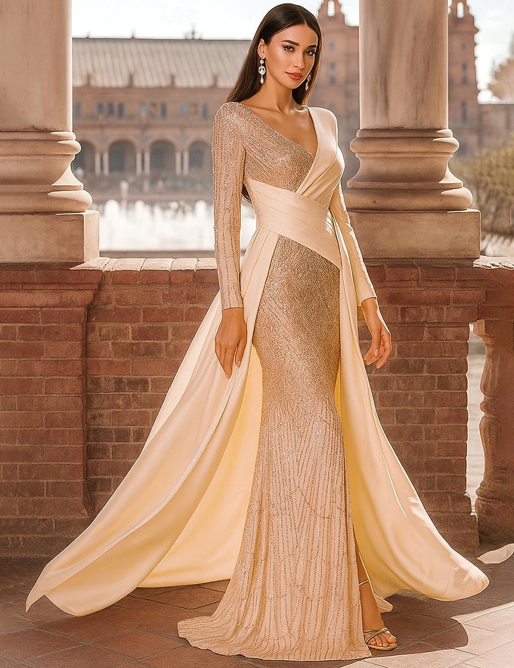 A-Linie Schlauchkleid Bodenlang Abendkleid Überrockkleid Langarm V Ausschnitt Elegant Vintage luxuriös Formell Spandex Paillettenbesetzt Polyester Brautmutterkleid mit Paillette Farbblock 2025 - $104.99 –P1