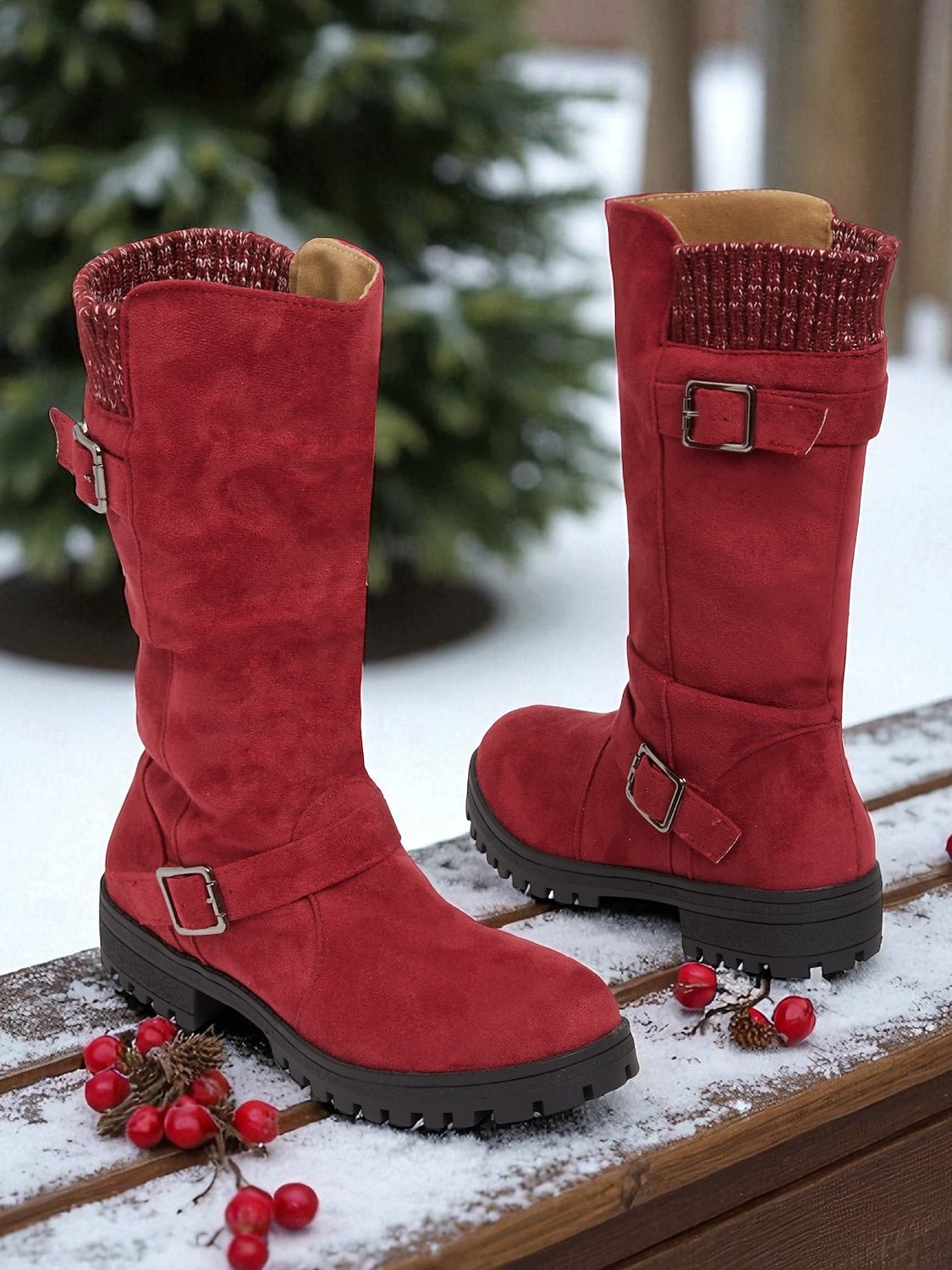 Women's Red Faux Suede Mid-Calf Boots with Adjustable Buckles and Non-Slip Sole, Casual Comfort Knit Boots for Christmas & Daily Wear 2025 - €49.99 –P3